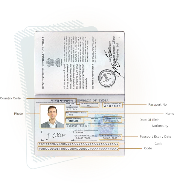 Sample passport bio page with the required fields labelled