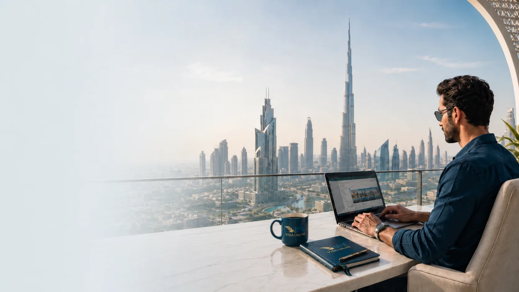 A traveller looking out over the Dubai skyline and Burj Khalifa