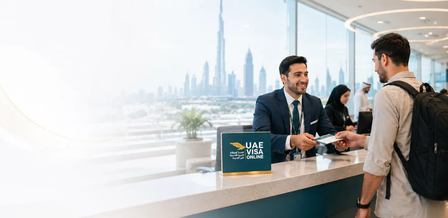 A traveler hands his passport to a UAE Visa Online agent at a service counter, with the Dubai skyline and Burj Khalifa beyond the window