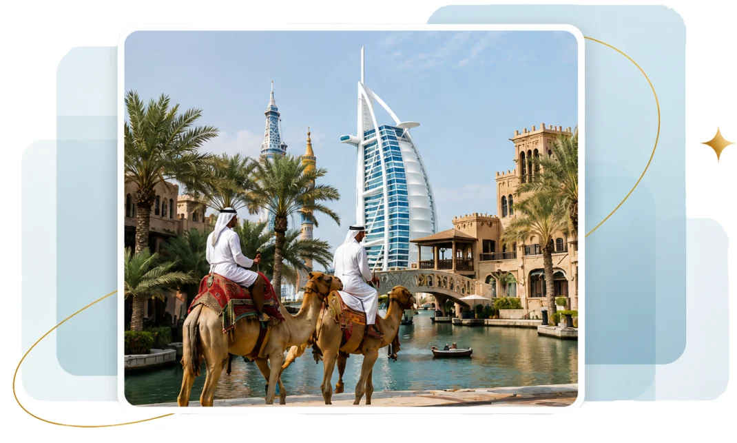 Two riders on camels in traditional dress beside the Burj Al Arab in Dubai