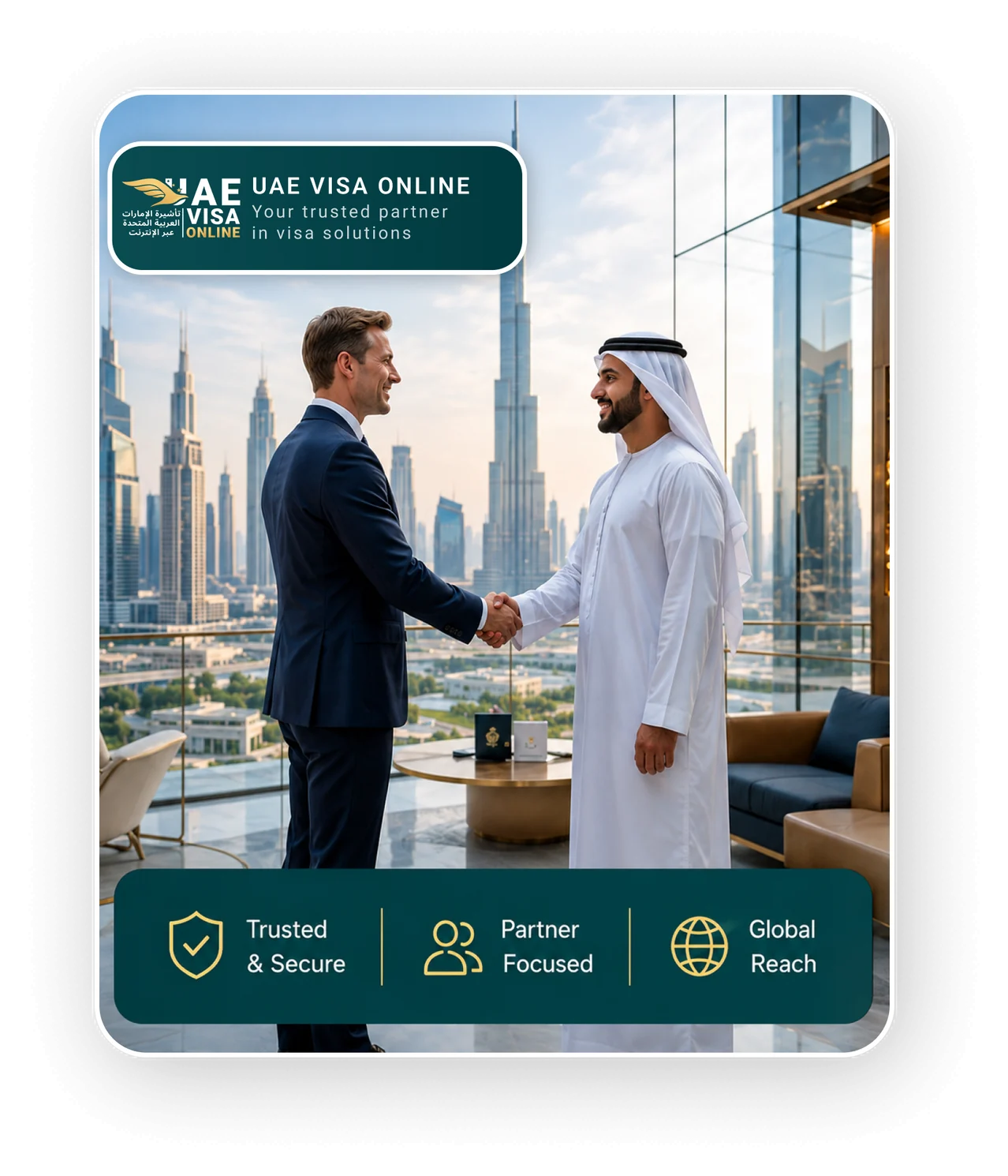 UAE Visa Online partner shaking hands with a client, Dubai skyline beyond the window