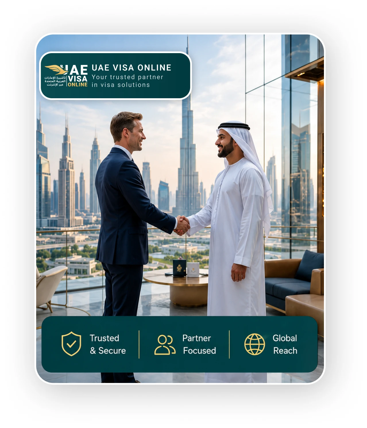 UAE Visa Online partner shaking hands with a client, Dubai skyline beyond the window